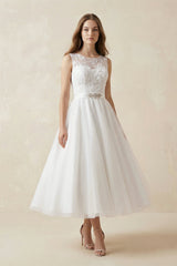 Illusion Neck A - Line Tulle Appliqued Midi Wedding Dress With Bow in White - KISS BRIDAL Wedding Dresses