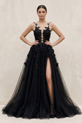 Illusion Neck A - Line Tulle Appliqued Wedding Dress in Black - KISS BRIDAL Wedding Dresses