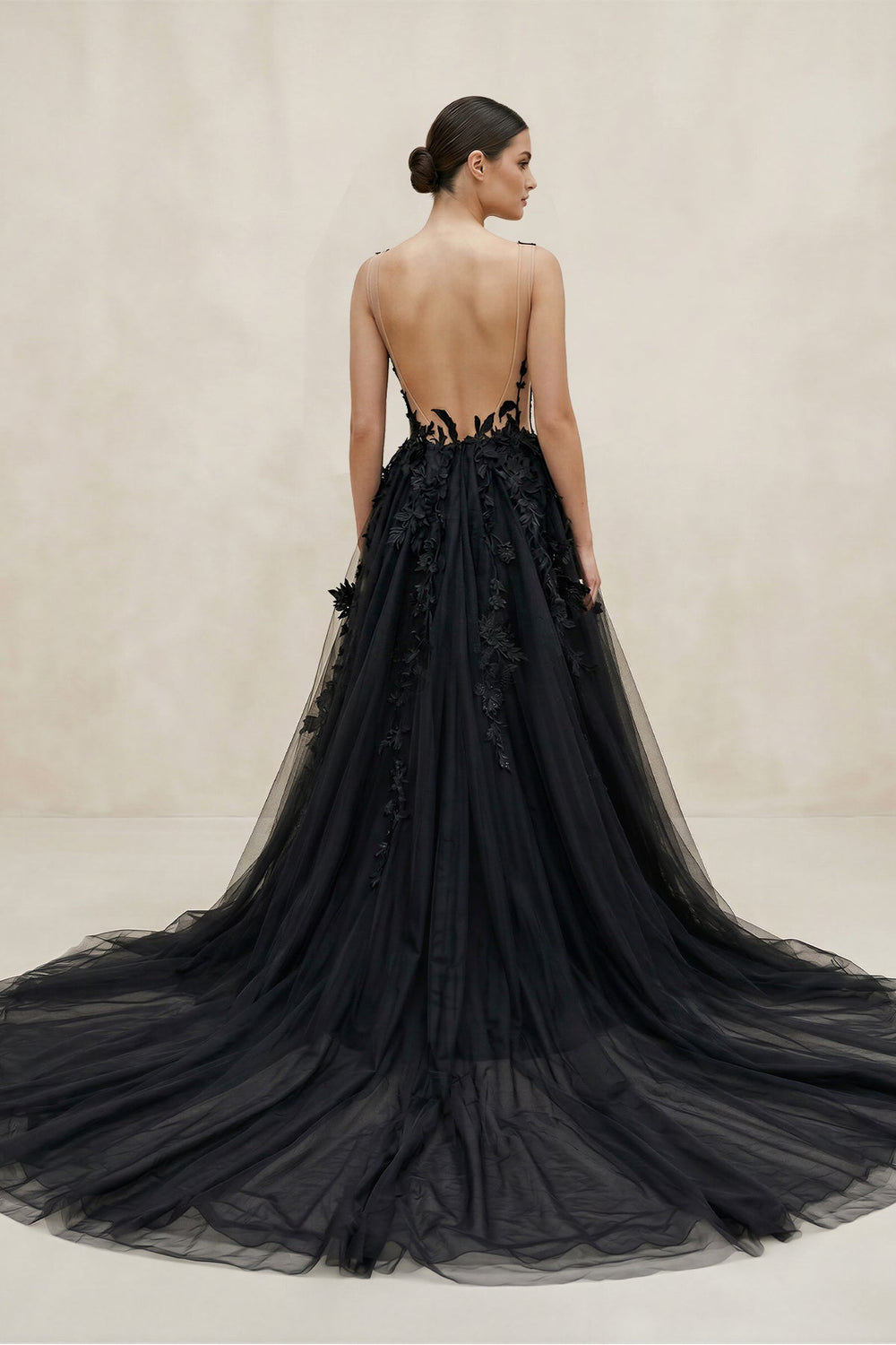 Illusion Neck A - Line Tulle Appliqued Wedding Dress in Black - KISS BRIDAL Wedding Dresses
