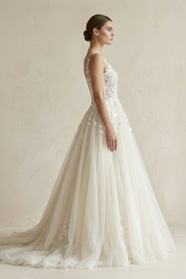Illusion Neck Appliqued Tulle Wedding Gown in White - SHE IS ME Wedding Dresses