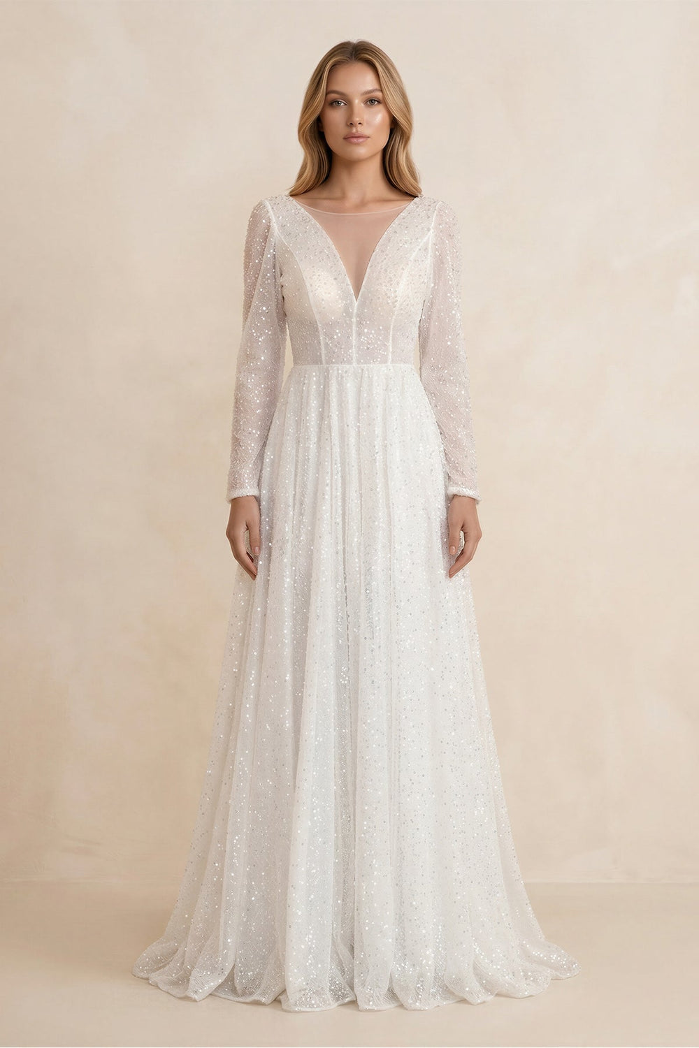 Illusion Neck Sequined A - Line Wedding Dress With Long Sleeves in Ivory - KISS BRIDAL Wedding Dresses
