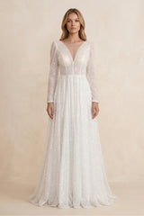 Illusion Neck Sequined A - Line Wedding Dress With Long Sleeves in Ivory - KISS BRIDAL Wedding Dresses