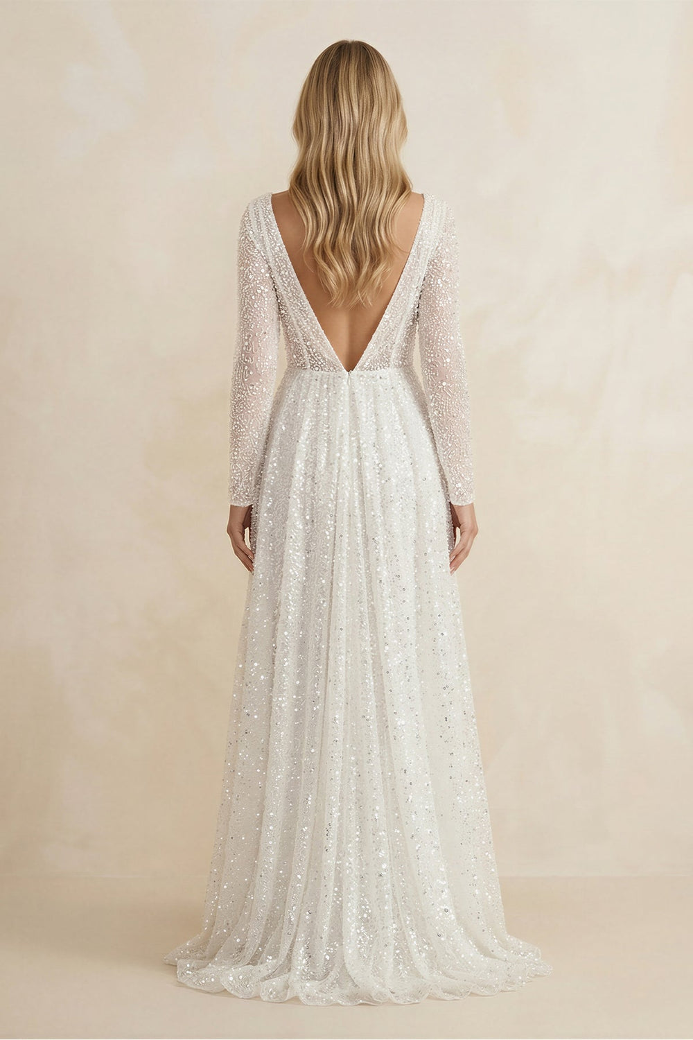 Illusion Neck Sequined A - Line Wedding Dress With Long Sleeves in Ivory - KISS BRIDAL Wedding Dresses