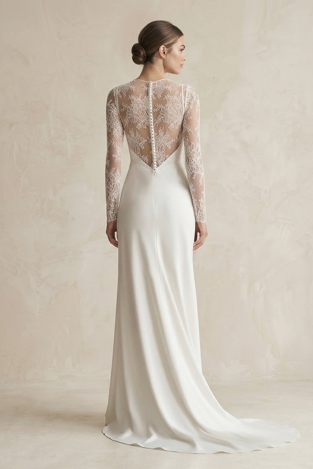 Illusion Neck Sheath Satin Appliqued Wedding Dress in White - KISS BRIDAL Wedding Dresses