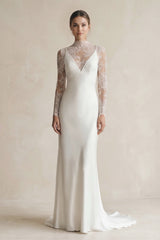 Illusion Neck Sheath Satin Appliqued Wedding Dress in White - KISS BRIDAL Wedding Dresses