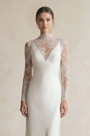 Illusion Neck Sheath Satin Appliqued Wedding Dress in White - SHE IS ME Wedding Dresses