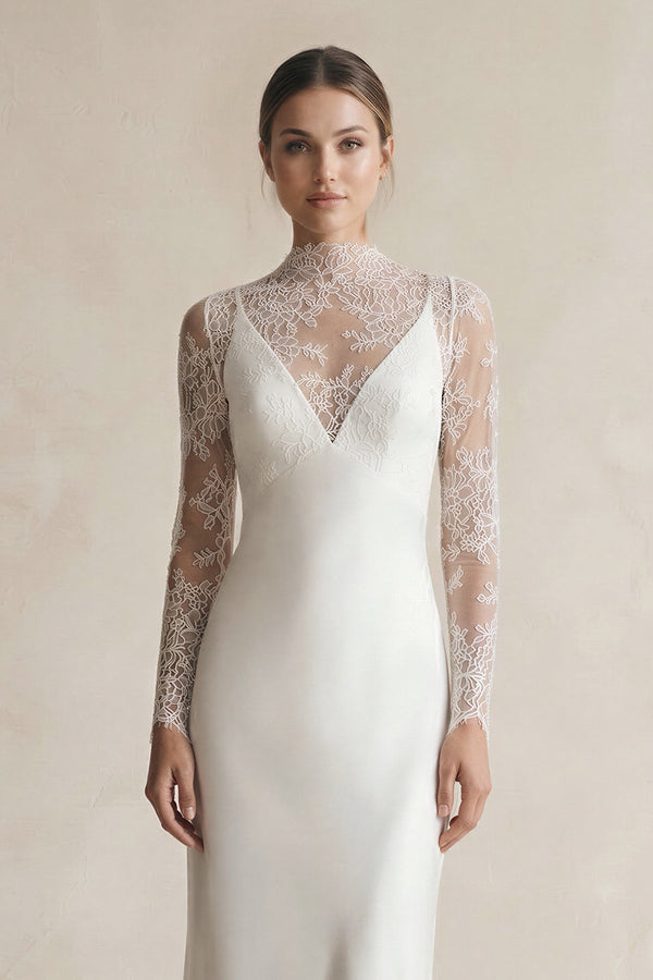 Illusion Neck Sheath Satin Appliqued Wedding Dress in White - SHE IS ME Wedding Dresses