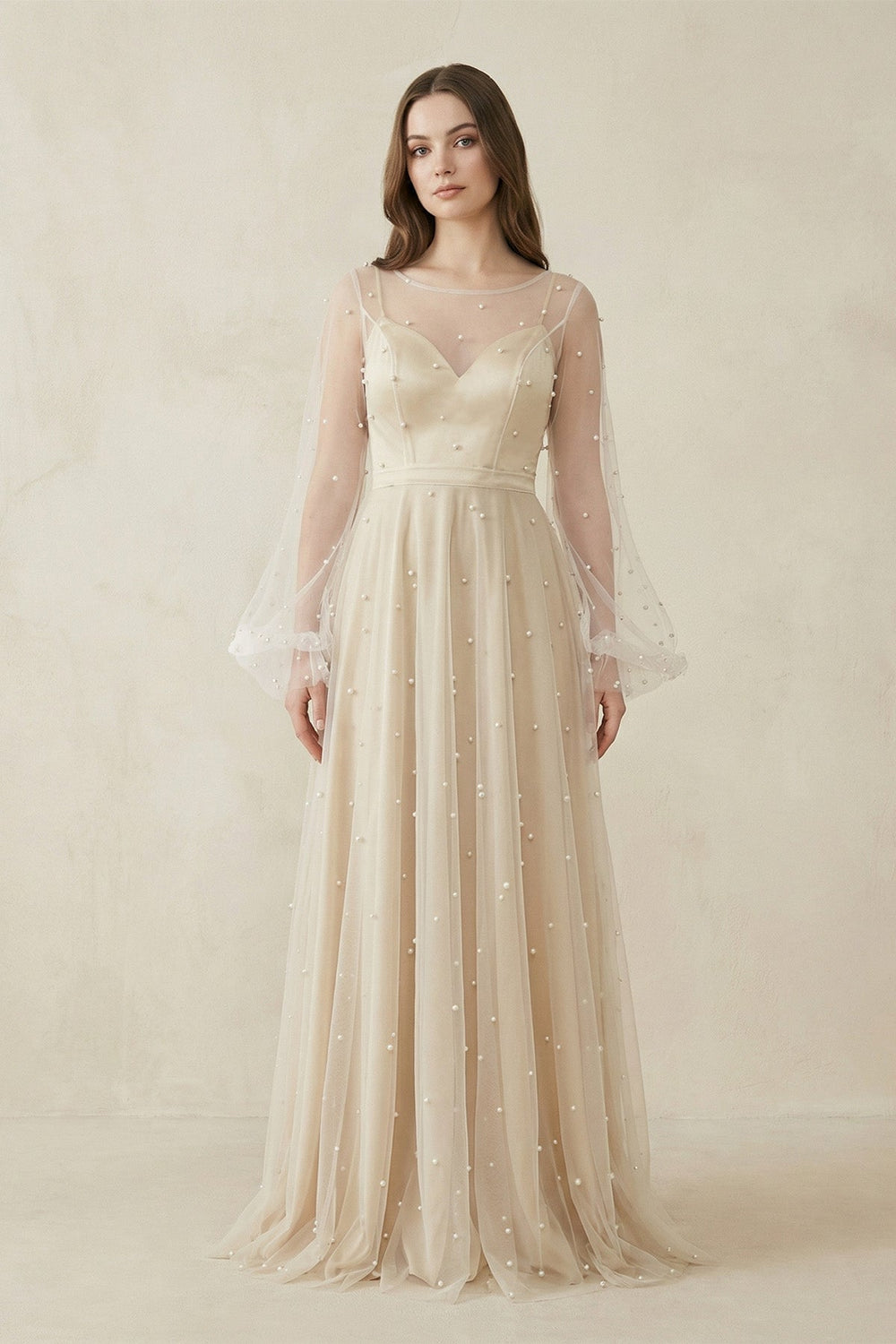 Illusion Neck Tulle A - Line Long Sleeve Wedding Dress With Pearl in White - Nude - KISS BRIDAL Wedding Dresses