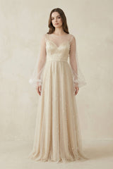 Illusion Neck Tulle A - Line Long Sleeve Wedding Dress With Pearl in White - Nude - KISS BRIDAL Wedding Dresses