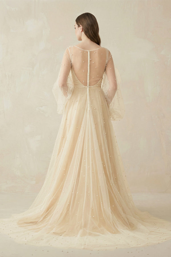 Illusion Neck Tulle A - Line Long Sleeve Wedding Dress With Pearl in White - Nude - SHE IS ME Wedding Dresses