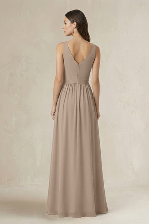 Illusion V-Neck A-Line Ruched Bridesmaid Dress in Almond (2) | KISSBRIDAL