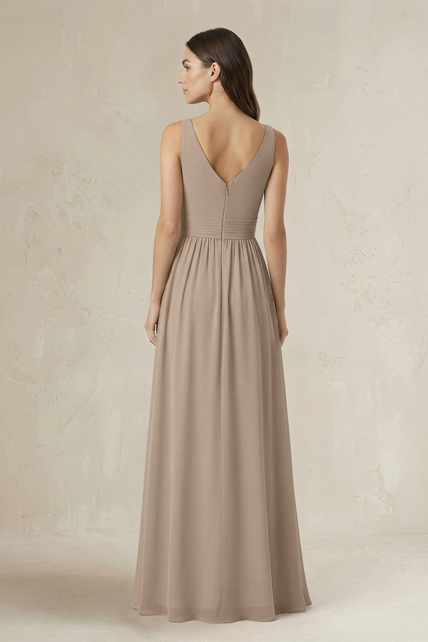 Illusion V-Neck A-Line Ruched Bridesmaid Dress in Almond (2) | KISSBRIDAL