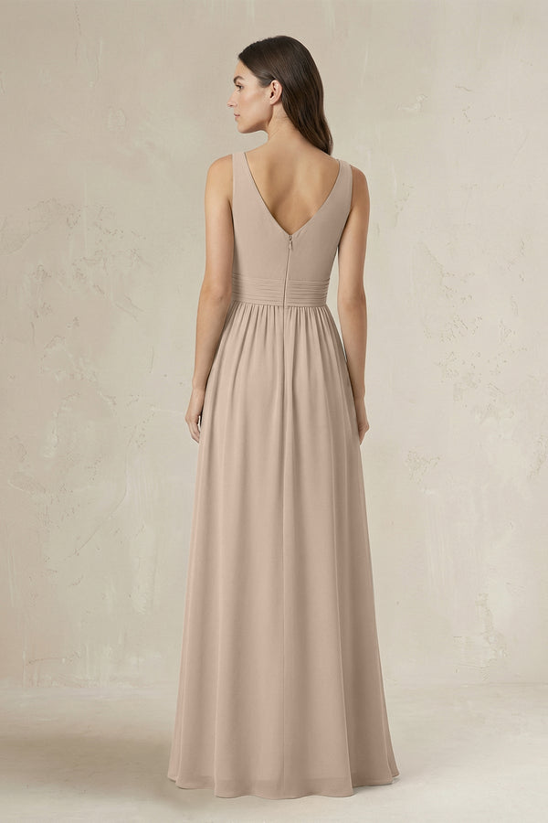 Illusion V - Neck A - Line Ruched Bridesmaid Dress in Almond - SHE IS ME Bridesmaid Dresses