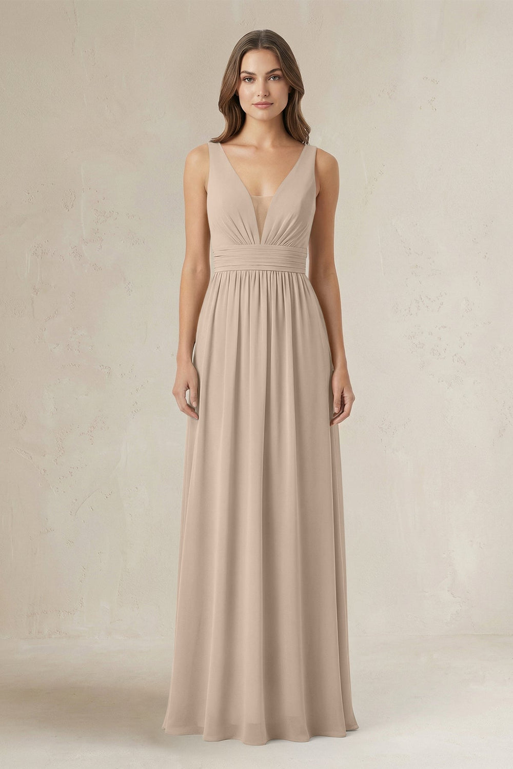 Illusion V - Neck A - Line Ruched Bridesmaid Dress in Almond - KISS BRIDAL Bridesmaid Dresses