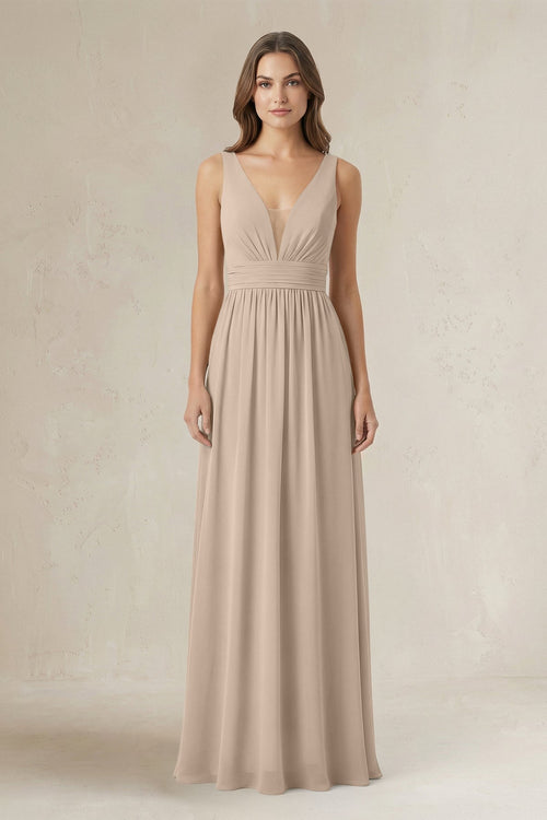 Illusion V - Neck A - Line Ruched Bridesmaid Dress in Almond - SHE IS ME Bridesmaid Dresses