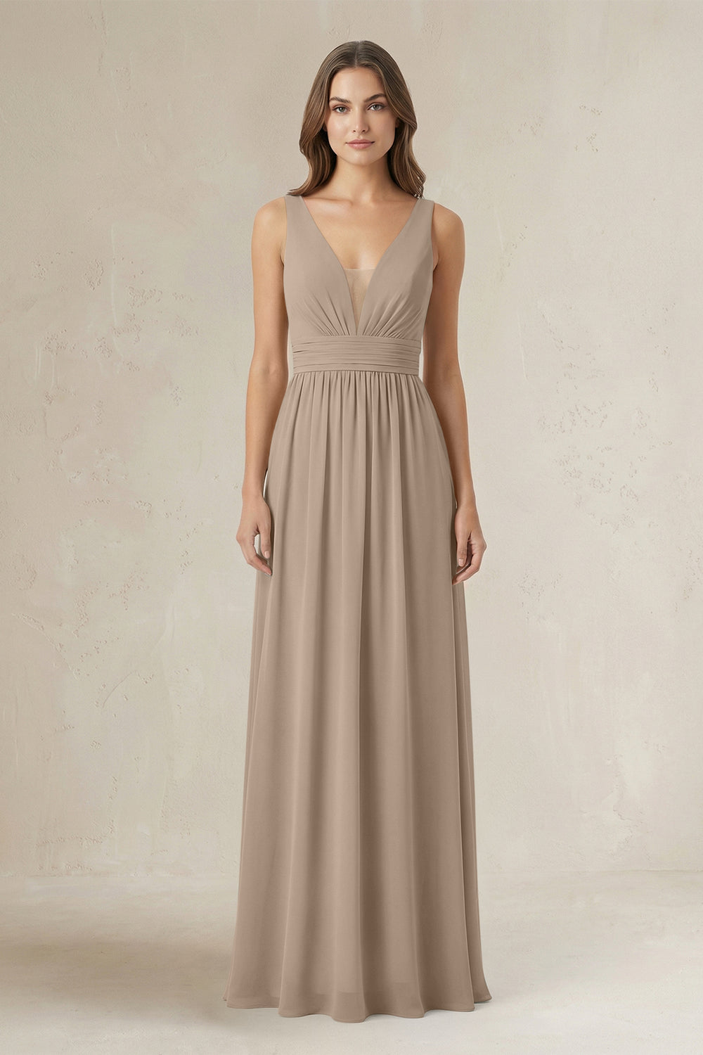 Illusion V-Neck A-Line Ruched Bridesmaid Dress in Almond