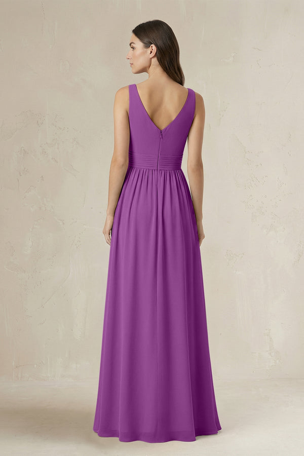 Illusion V - Neck A - Line Ruched Bridesmaid Dress in Amethyst - SHE IS ME Bridesmaid Dresses