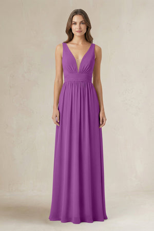 Illusion V - Neck A - Line Ruched Bridesmaid Dress in Amethyst - SHE IS ME Bridesmaid Dresses