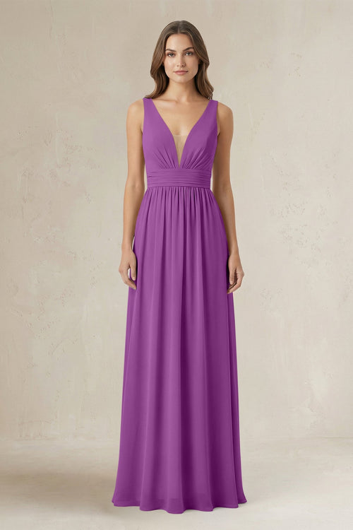 Illusion V - Neck A - Line Ruched Bridesmaid Dress in Amethyst - SHE IS ME Bridesmaid Dresses