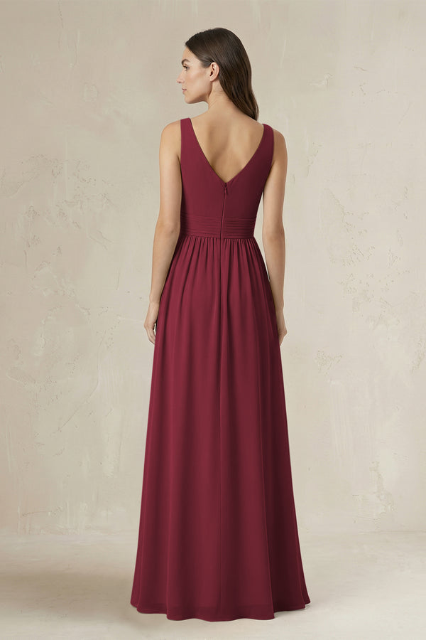 Illusion V-Neck A-Line Ruched Bridesmaid Dress in Berry (2) | KISSBRIDAL