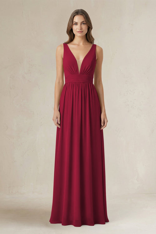 Illusion V - Neck A - Line Ruched Bridesmaid Dress in Berry - SHE IS ME Bridesmaid Dresses