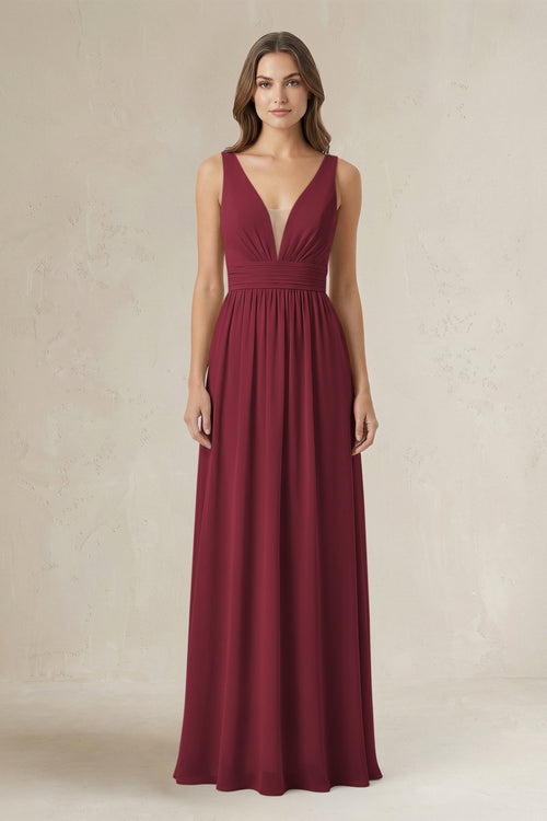 Illusion V-Neck A-Line Ruched Bridesmaid Dress in Berry | KISSBRIDAL