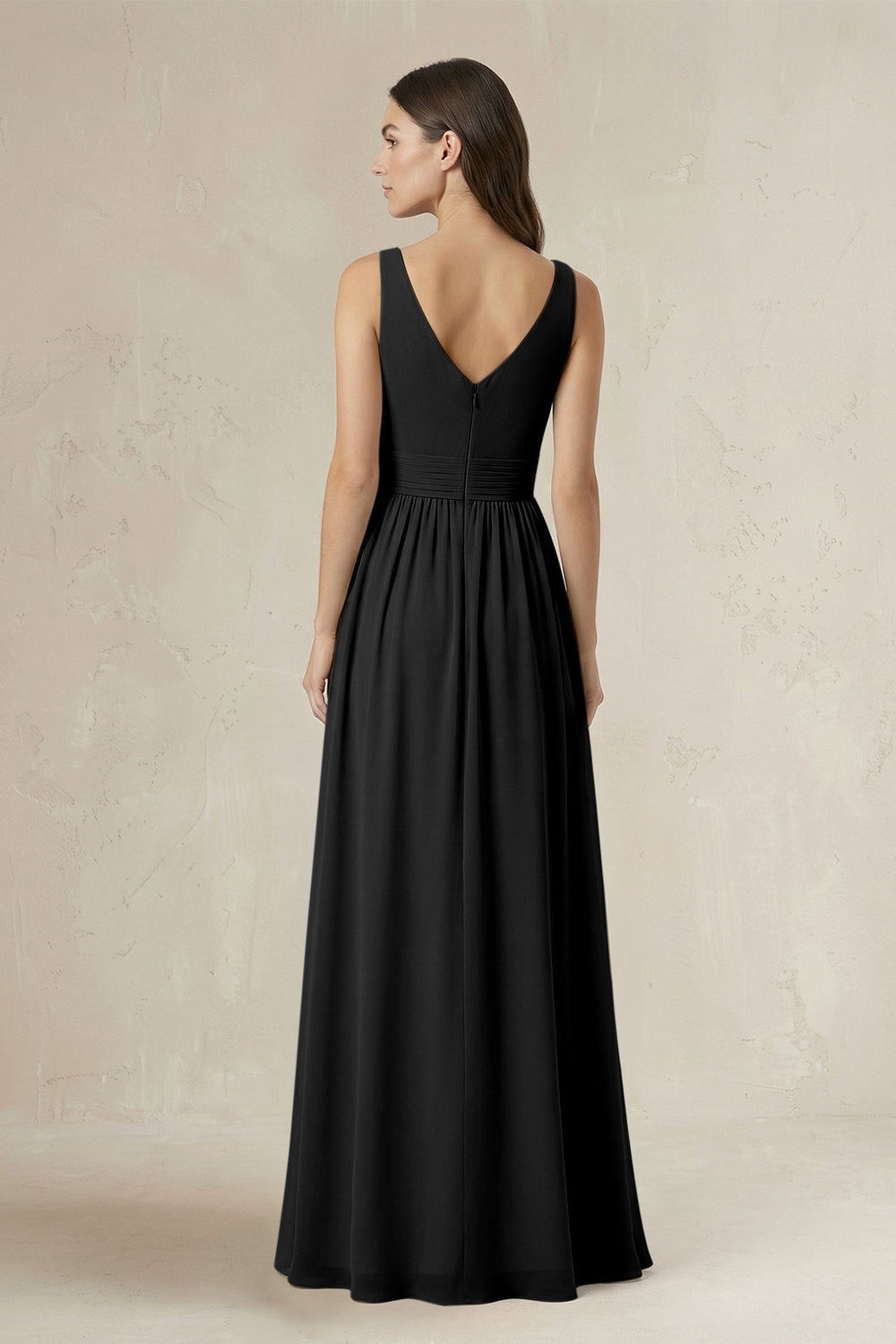 Illusion V - Neck A - Line Ruched Bridesmaid Dress in Black - KISS BRIDAL Bridesmaid Dresses