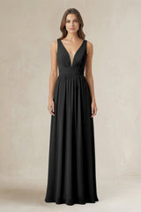 Illusion V - Neck A - Line Ruched Bridesmaid Dress in Black - KISS BRIDAL Bridesmaid Dresses