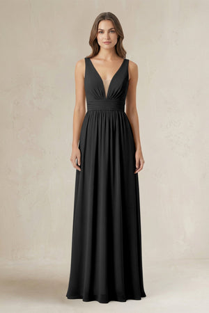 Illusion V - Neck A - Line Ruched Bridesmaid Dress in Black - SHE IS ME Bridesmaid Dresses