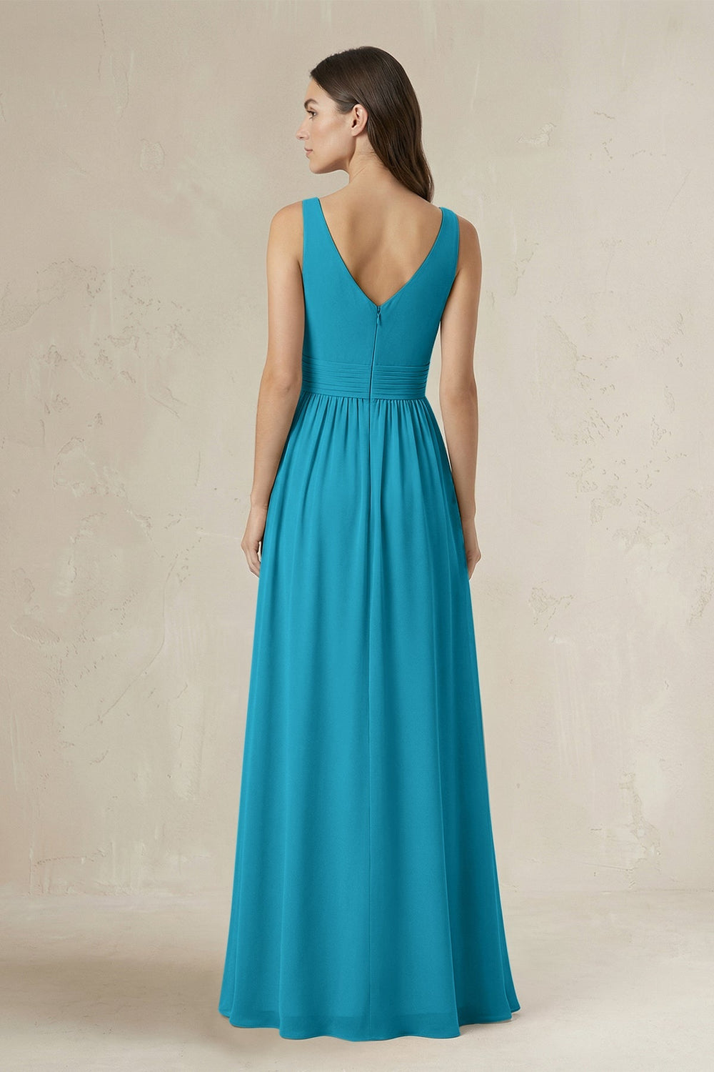 Illusion V - Neck A - Line Ruched Bridesmaid Dress in Blue Jay - KISS BRIDAL Bridesmaid Dresses