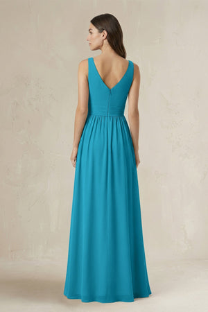 Illusion V - Neck A - Line Ruched Bridesmaid Dress in Blue Jay - SHE IS ME Bridesmaid Dresses