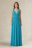 Illusion V - Neck A - Line Ruched Bridesmaid Dress in Blue Jay - SHE IS ME Bridesmaid Dresses