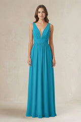 Illusion V - Neck A - Line Ruched Bridesmaid Dress in Blue Jay - KISS BRIDAL Bridesmaid Dresses