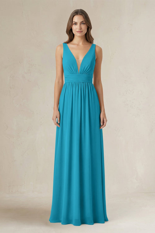 Illusion V - Neck A - Line Ruched Bridesmaid Dress in Blue Jay - SHE IS ME Bridesmaid Dresses