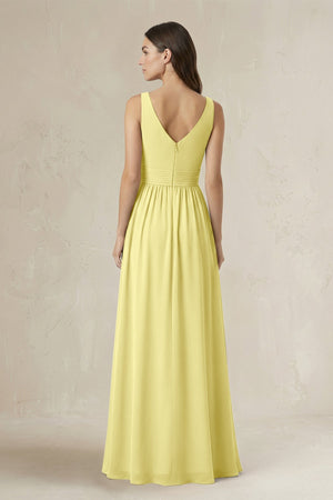 Illusion V - Neck A - Line Ruched Bridesmaid Dress in Buttercup - SHE IS ME Bridesmaid Dresses