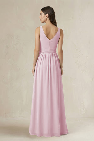Illusion V-Neck A-Line Ruched Bridesmaid Dress in Candy Pink (2) | KISSBRIDAL