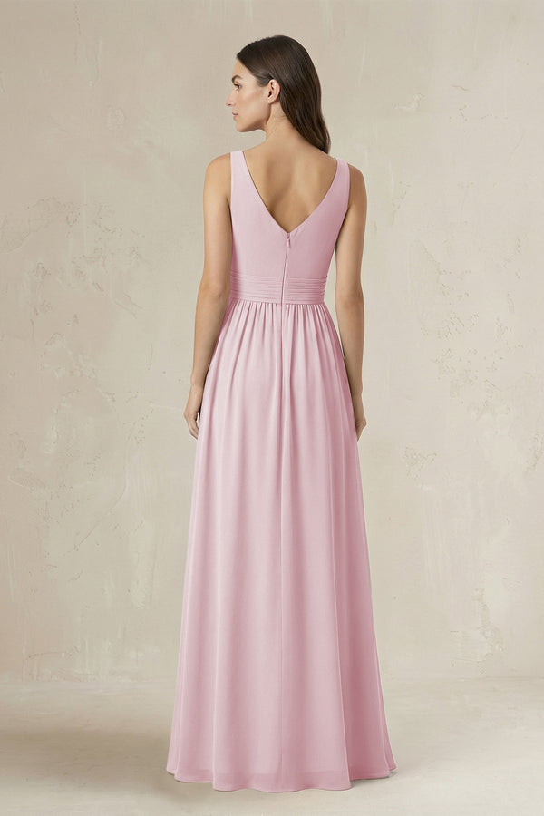 Illusion V - Neck A - Line Ruched Bridesmaid Dress in Candy Pink - SHE IS ME Bridesmaid Dresses