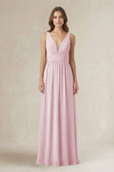Illusion V - Neck A - Line Ruched Bridesmaid Dress in Candy Pink - SHE IS ME Bridesmaid Dresses