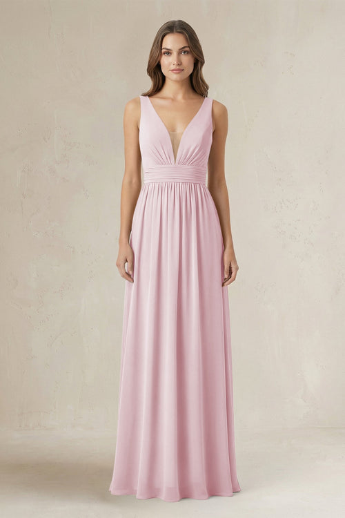 Illusion V - Neck A - Line Ruched Bridesmaid Dress in Candy Pink - SHE IS ME Bridesmaid Dresses