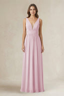 Illusion V-Neck A-Line Ruched Bridesmaid Dress in Candy Pink | KISSBRIDAL