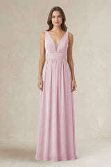 Illusion V-Neck A-Line Ruched Bridesmaid Dress in Candy Pink | KISSBRIDAL