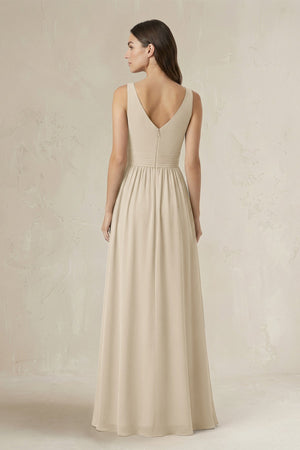 Illusion V - Neck A - Line Ruched Bridesmaid Dress in Champagne - SHE IS ME Bridesmaid Dresses