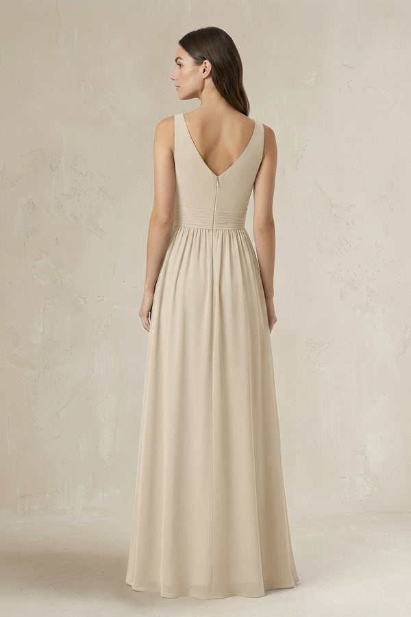Illusion V - Neck A - Line Ruched Bridesmaid Dress in Champagne - SHE IS ME Bridesmaid Dresses