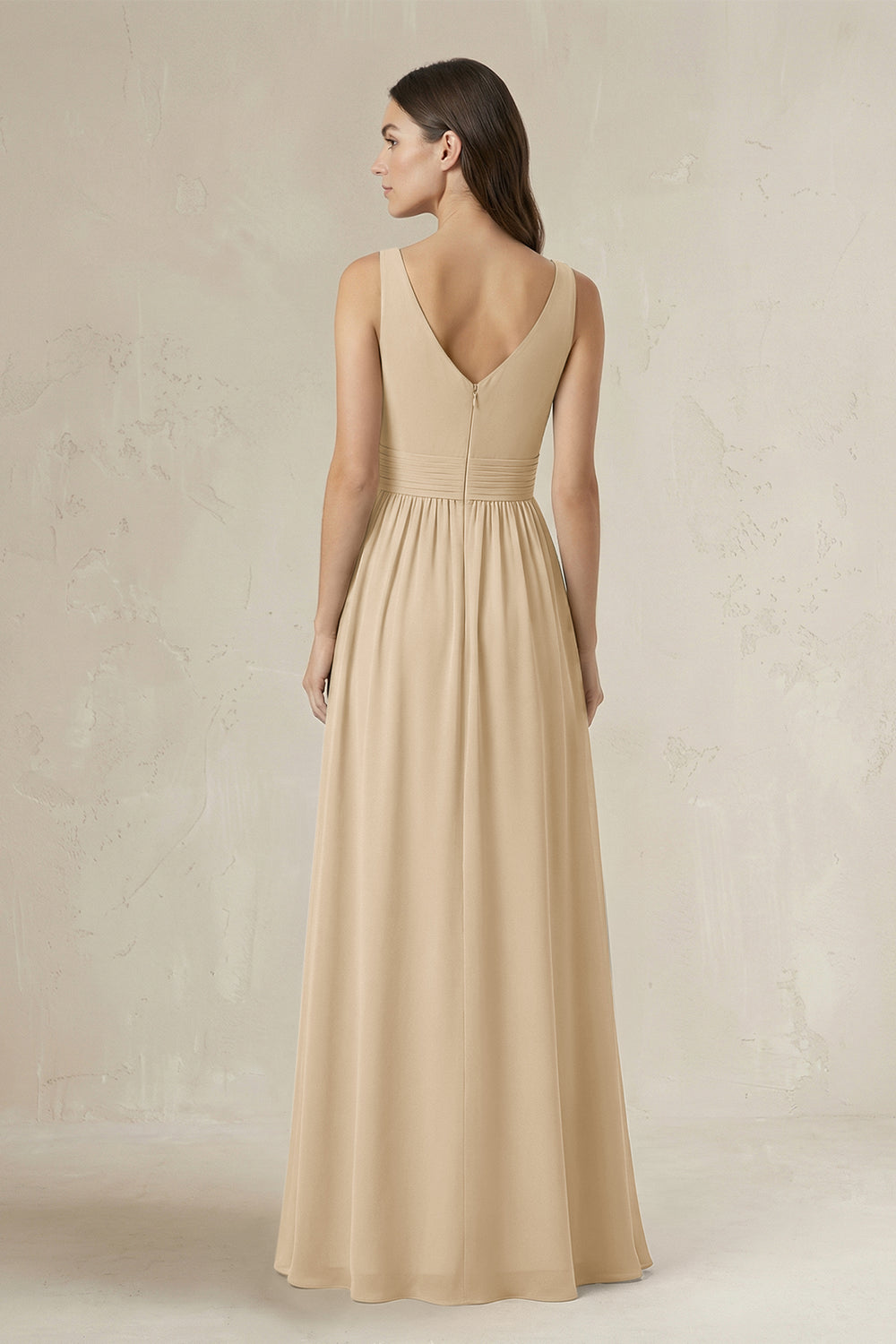 Illusion V-Neck A-Line Ruched Bridesmaid Dress in Champagne