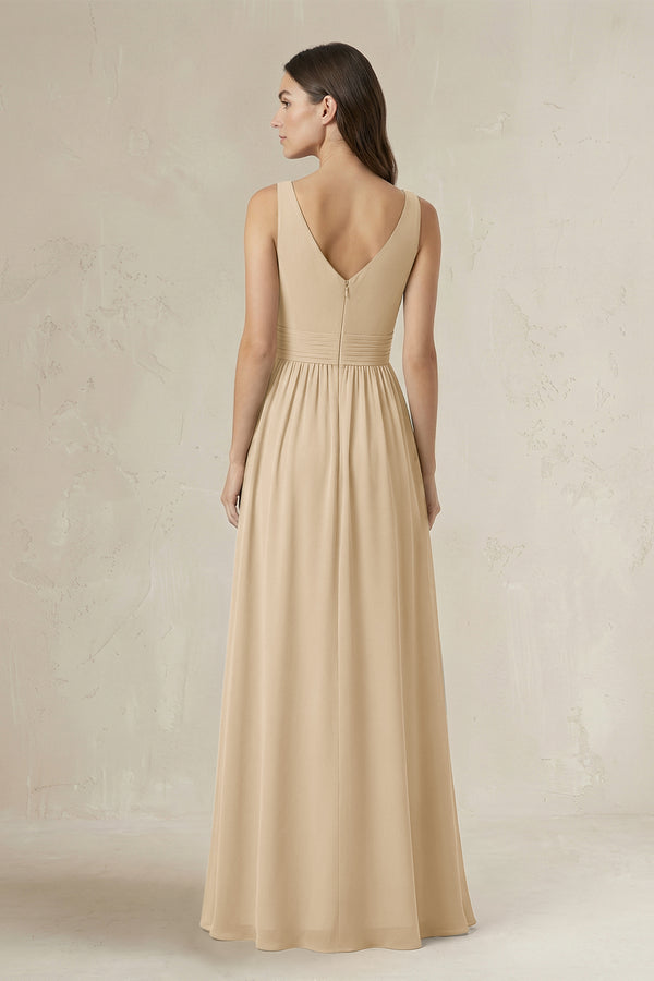 Illusion V-Neck A-Line Ruched Bridesmaid Dress in Champagne (2) | KISSBRIDAL