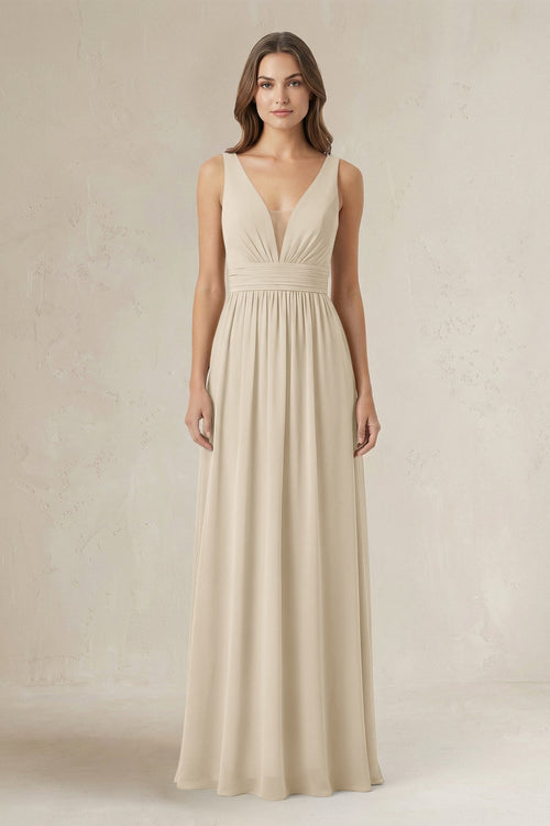 Illusion V - Neck A - Line Ruched Bridesmaid Dress in Champagne - SHE IS ME Bridesmaid Dresses
