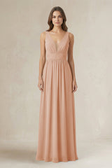 Illusion V - Neck A - Line Ruched Bridesmaid Dress in Champagne Rose - KISS BRIDAL Bridesmaid Dresses