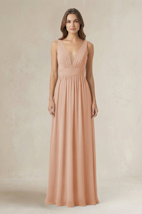 Illusion V - Neck A - Line Ruched Bridesmaid Dress in Champagne Rose - SHE IS ME Bridesmaid Dresses