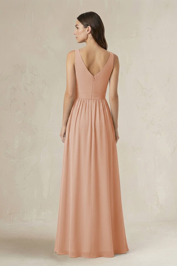 Illusion V - Neck A - Line Ruched Bridesmaid Dress in Champagne Rose - SHE IS ME Bridesmaid Dresses