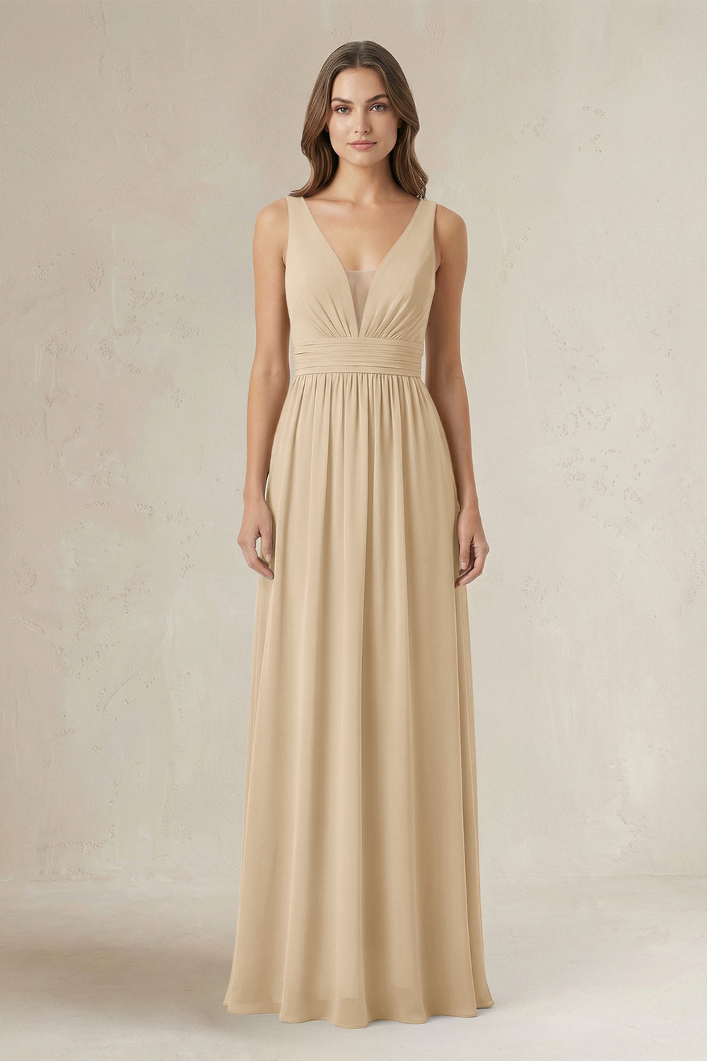 Illusion V-Neck A-Line Ruched Bridesmaid Dress in Champagne